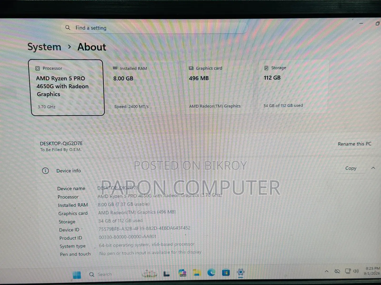 Desktop Computer 8GB AMD Ryzen 5 SSD 128GB
