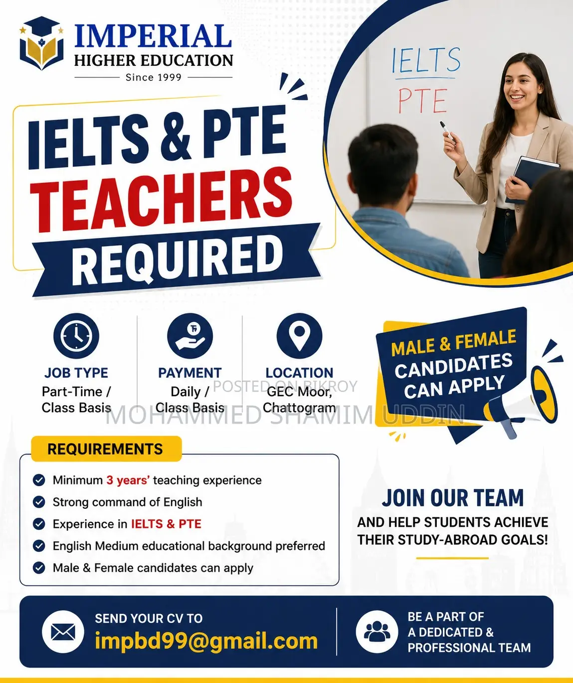 IELTS & PTE Part-Time Teacher Male & Female