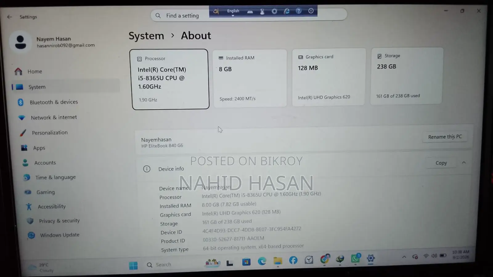 Laptop HP EliteBook 840 G6 8GB Intel Core i5 SSD 256GB