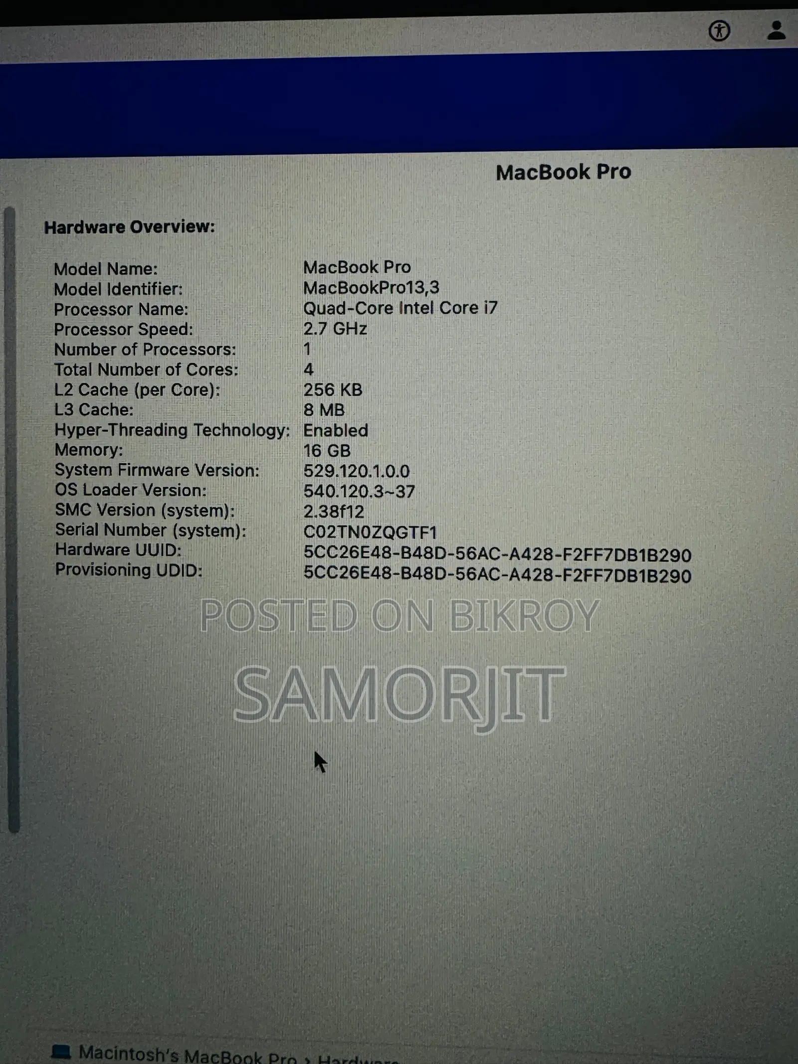 Laptop Apple MacBook Pro 2016 16GB Intel Core i7 HDD+SSD 512GB