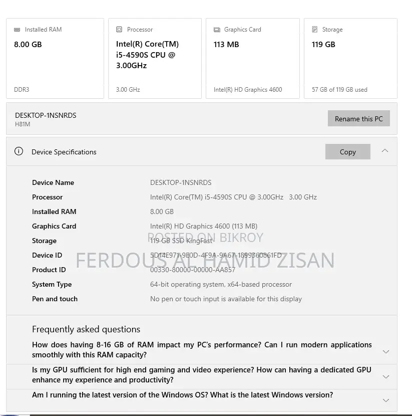 Desktop Computer 8GB Intel Core i5 SSD 128GB