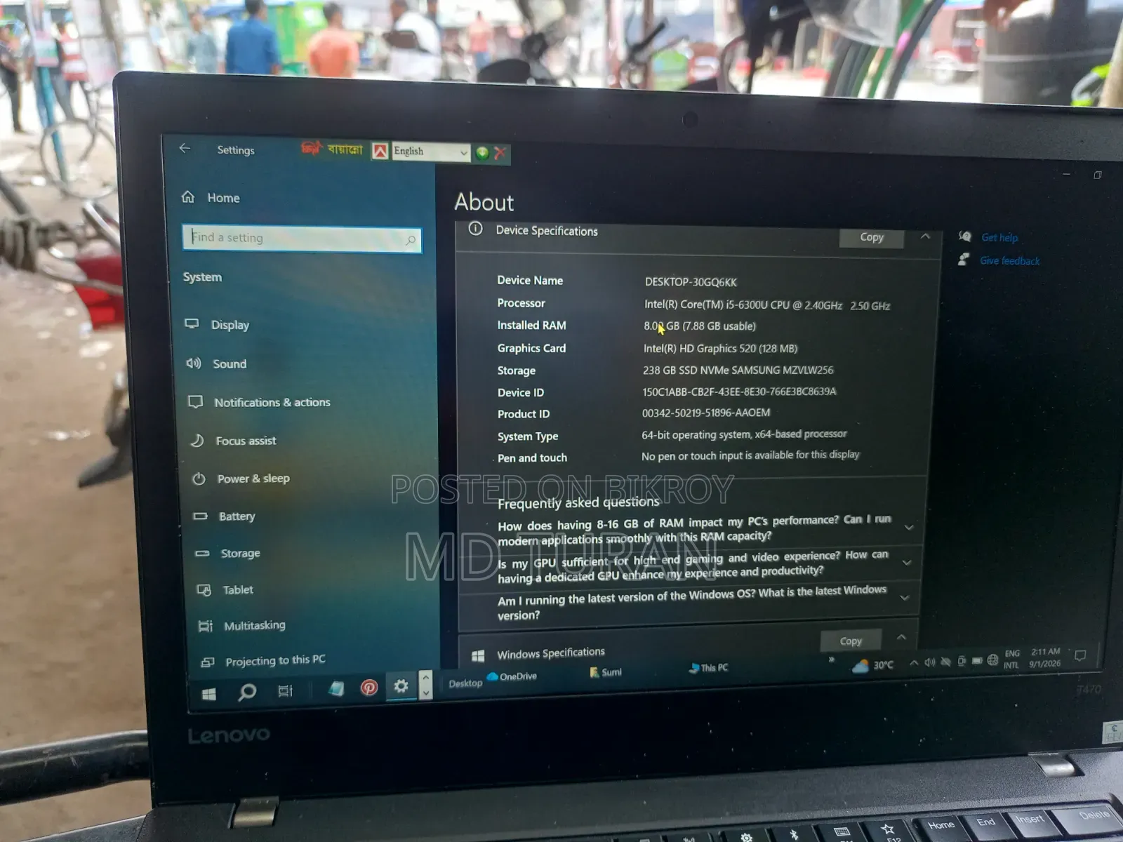 Laptop Lenovo ThinkPad T470 8GB Intel Core i5 SSD 256GB