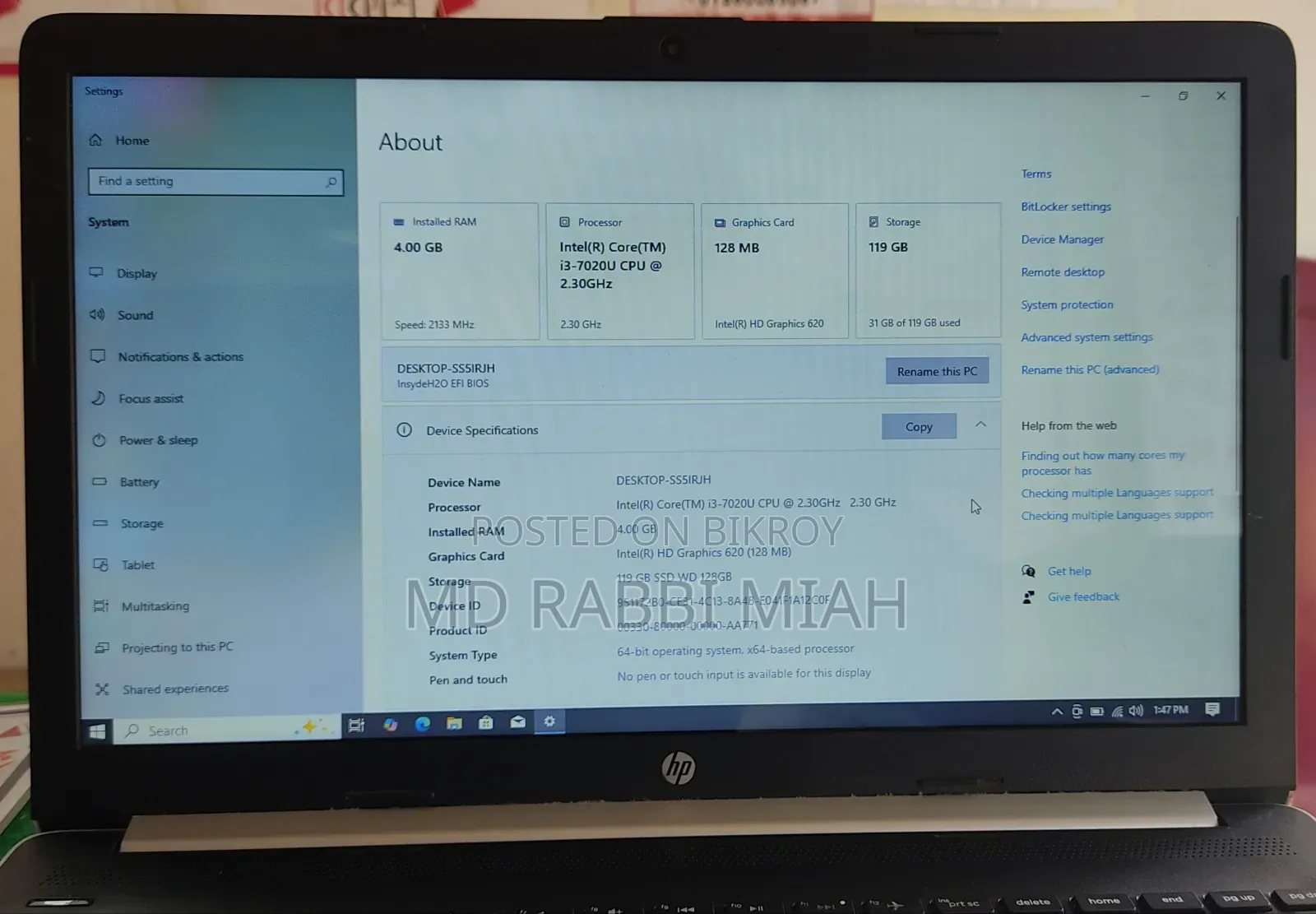 Laptop HP 4GB Intel Core i3 SSD 128GB