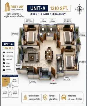 ৩বেডরুম Apartment in Prity Joy Developer, Kadirgonj for sale