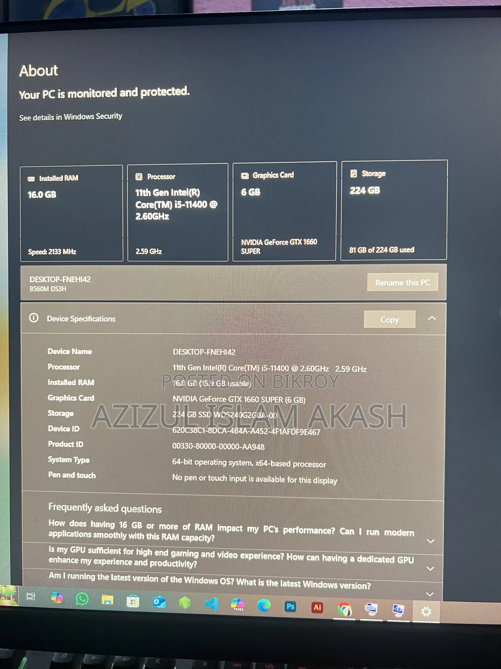 Desktop Computer MSI model 16GB Intel Core i5 SSD 256GB