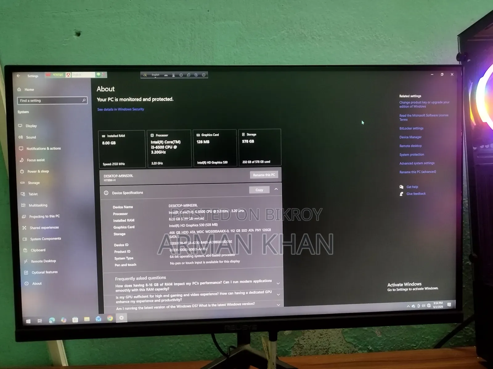 Desktop Computer 8GB HDD+SSD 500GB