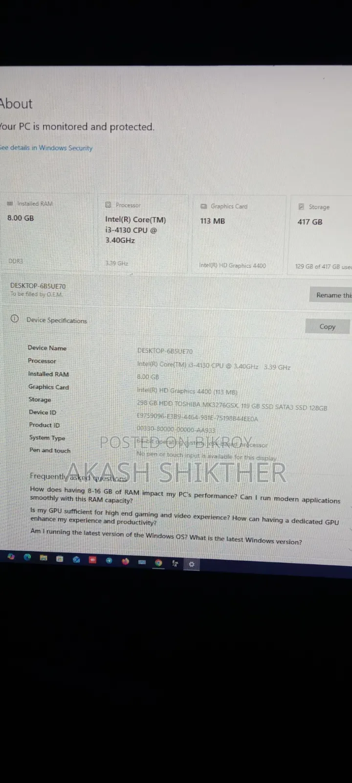 Desktop Computer 8GB Intel Core i3 SSD 128GB