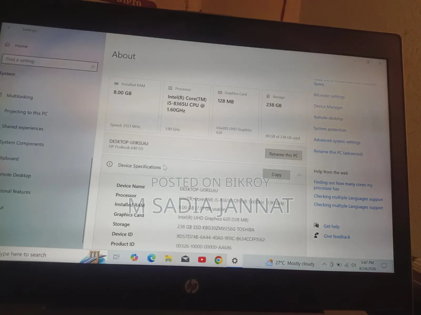 Laptop HP ProBook 640 G5 8GB Intel Core i5 SSD 256GB