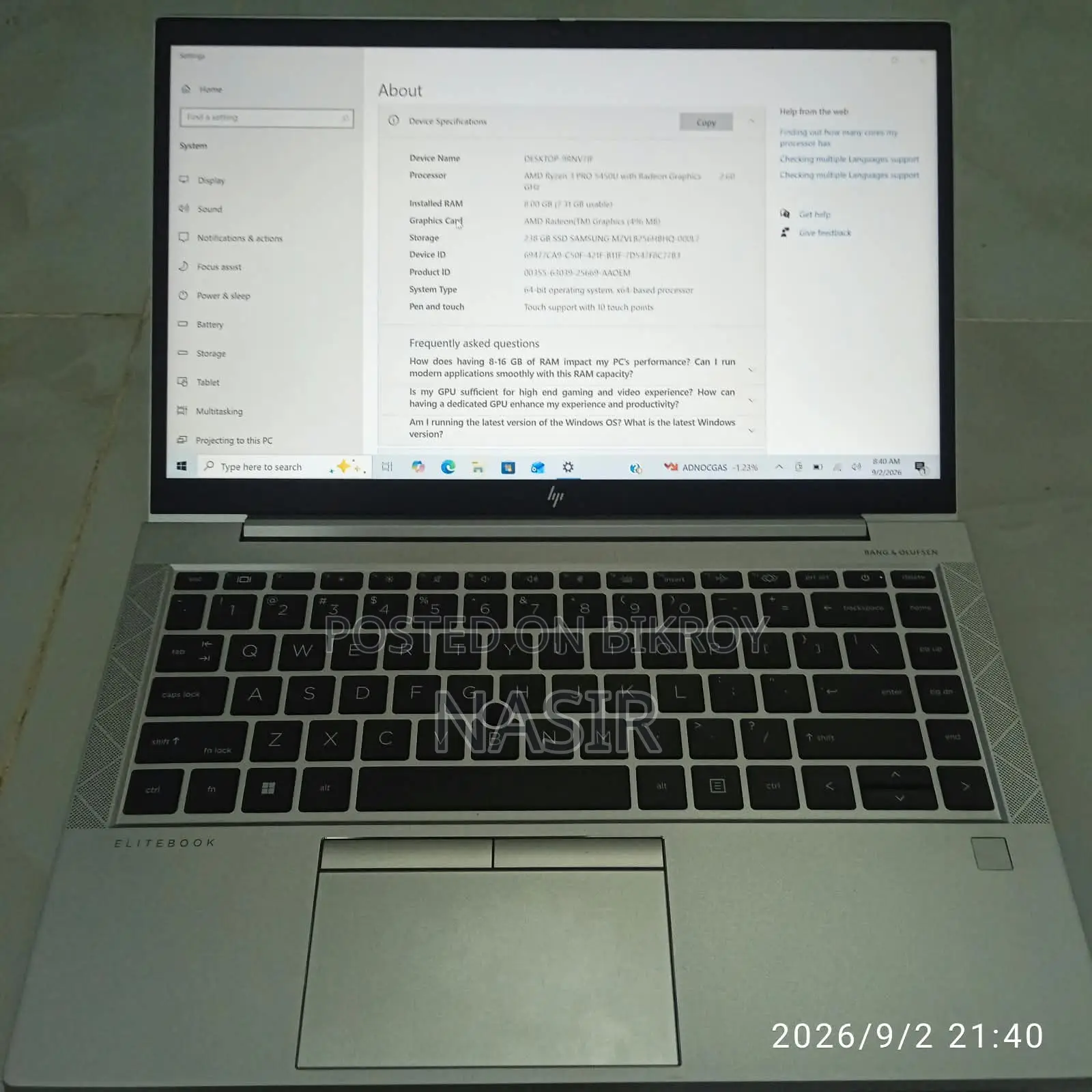 Laptop HP EliteBook 845 G8 8GB AMD Ryzen 3 SSD 256GB