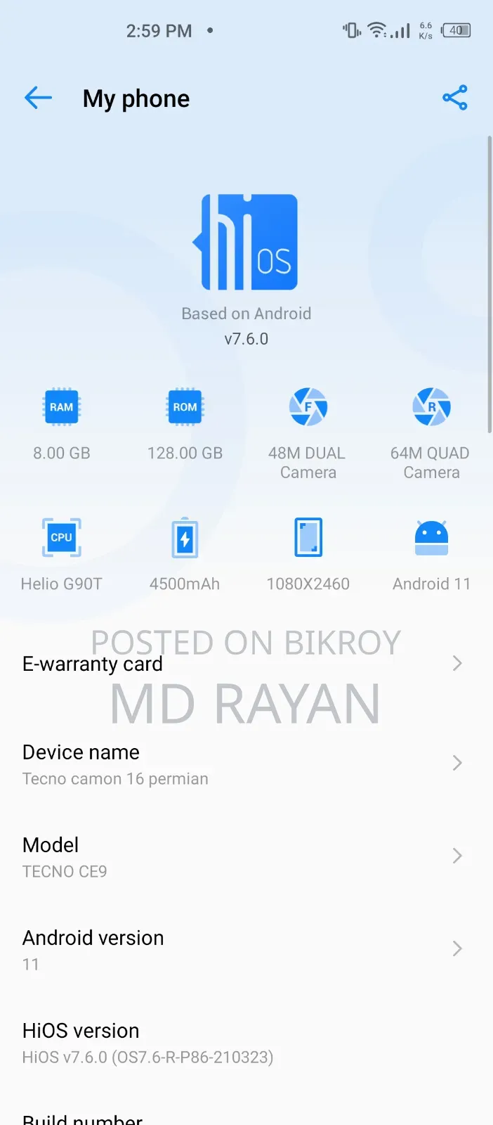 Tecno Camon 16 128 GB Blue