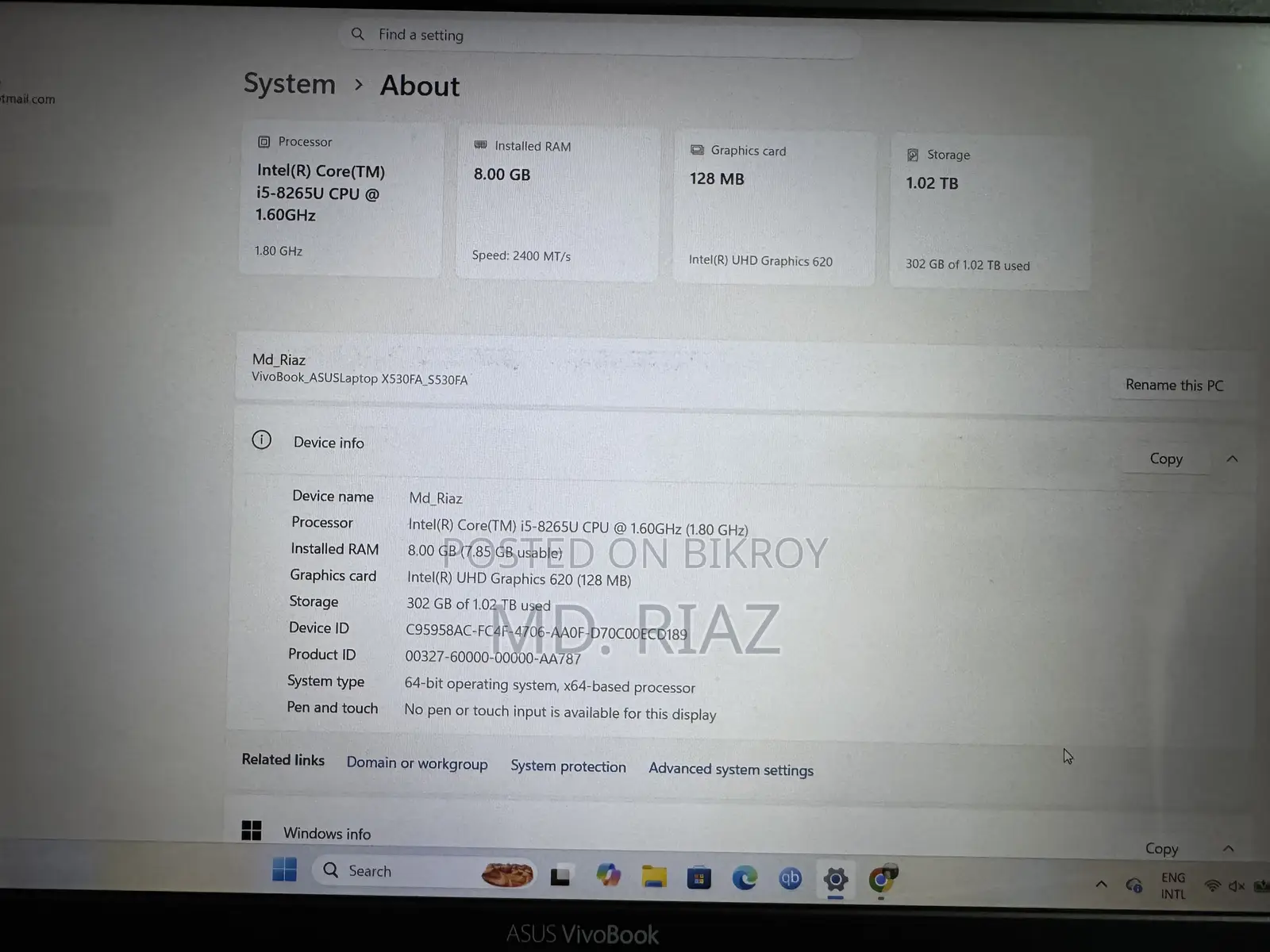 Laptop Asus VivoBook S15 S530UN 8GB Intel Core i5 HDD+SSD 1T