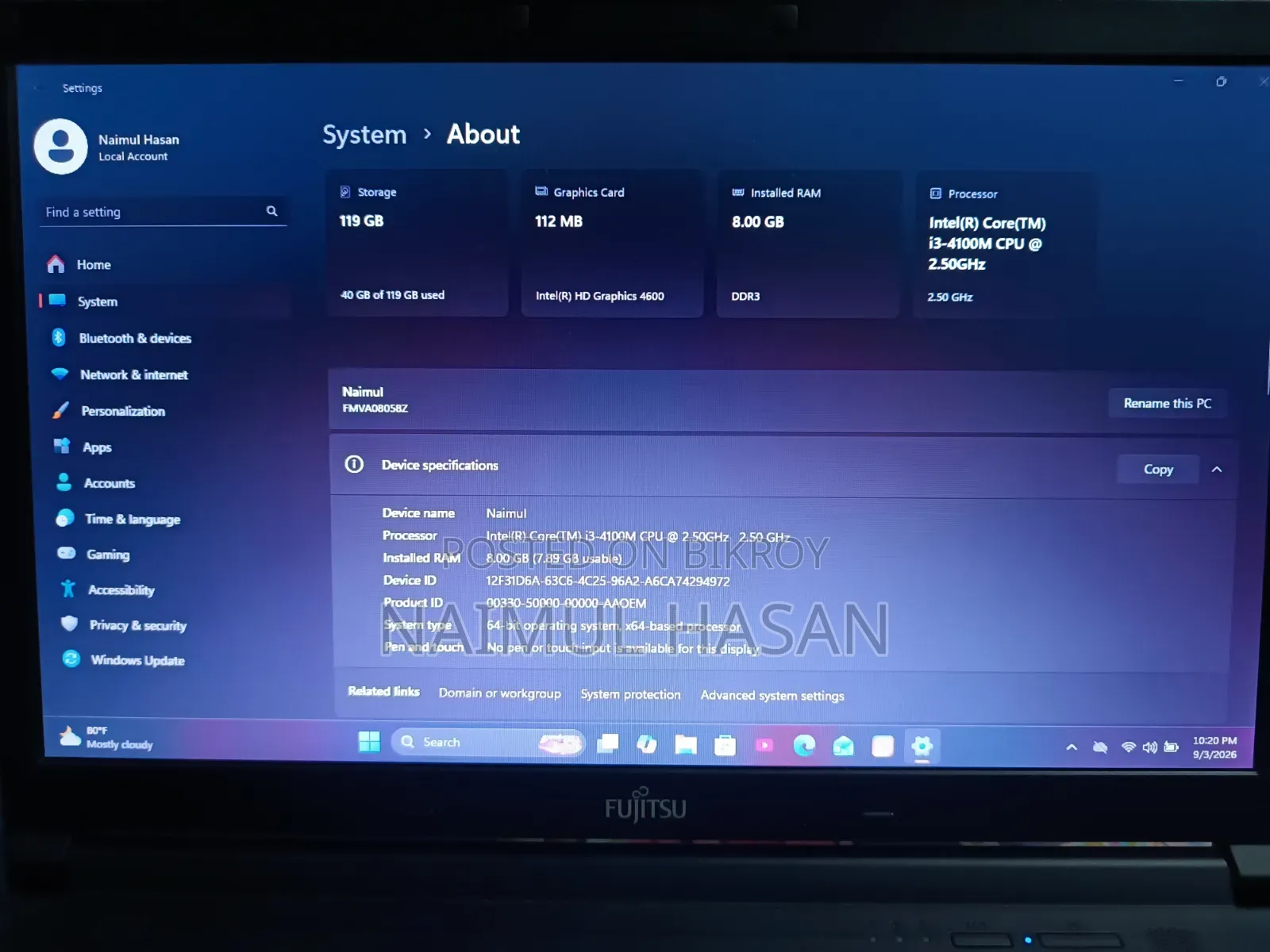 Laptop Fujitsu 8GB Intel Core i3 SSD 128GB