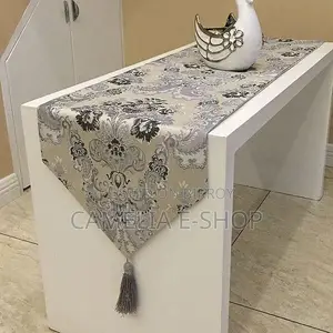 Elegant Silver Silk Jacquard Table Runner