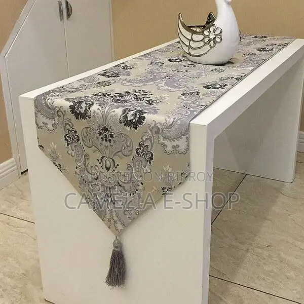 Elegant Silver Silk Jacquard Table Runner