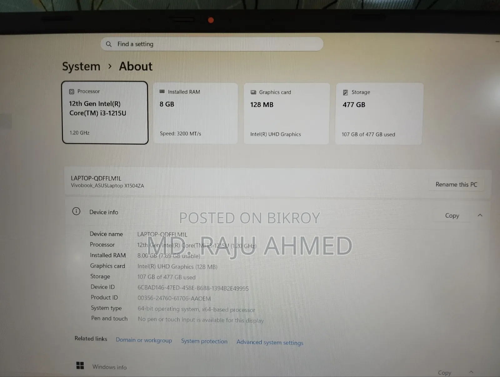 Laptop Asus Vivobook 15 8GB Intel Core i3 SSD 500GB