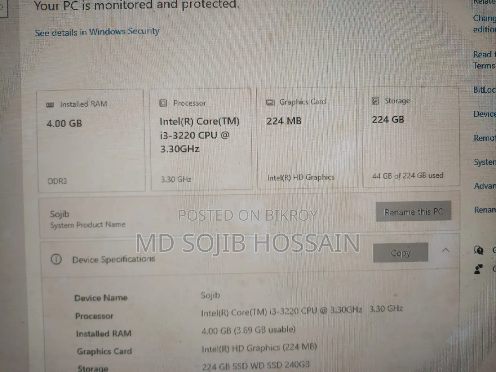 Desktop Computer Lenovo 4GB Intel Core i3 SSD 256GB