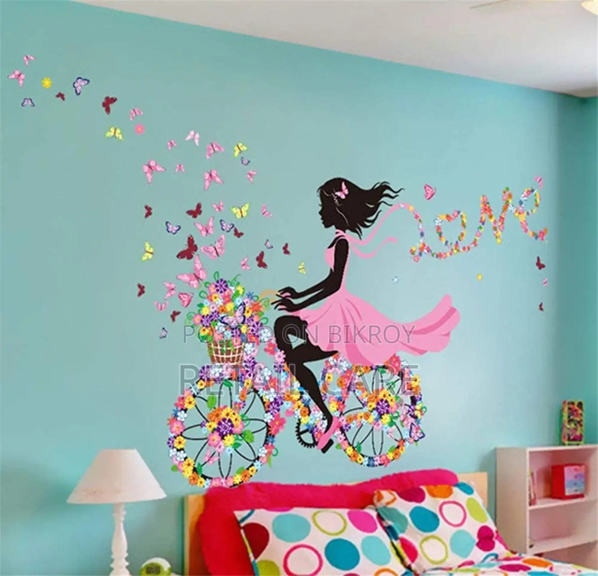Girl Bicycle Flower Wall Sticker With Butterflies DIY Wall Decor