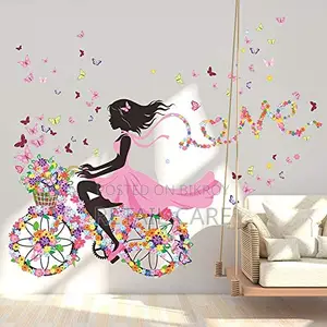 Girl Bicycle Flower Wall Sticker With Butterflies DIY Wall Decor
