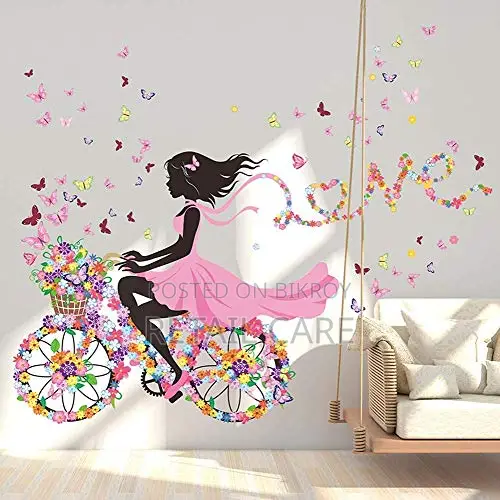 Girl Bicycle Flower Wall Sticker With Butterflies DIY Wall Decor