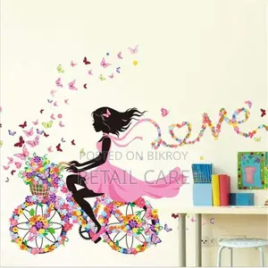 Girl Bicycle Flower Wall Sticker With Butterflies DIY Wall Decor