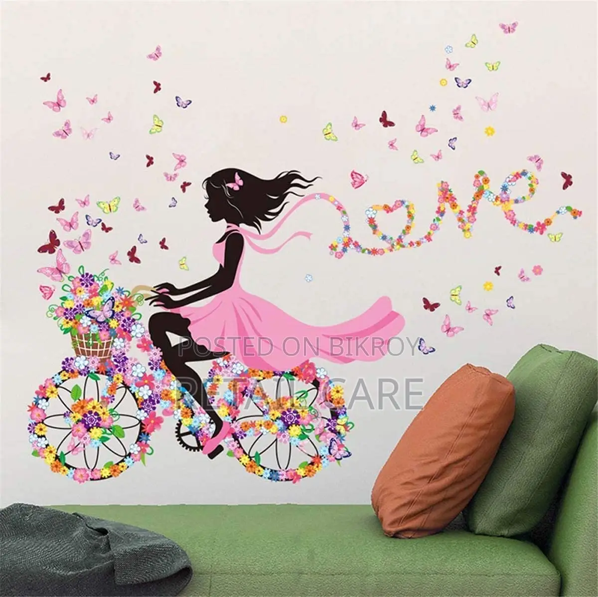 Girl Bicycle Flower Wall Sticker With Butterflies DIY Wall Decor