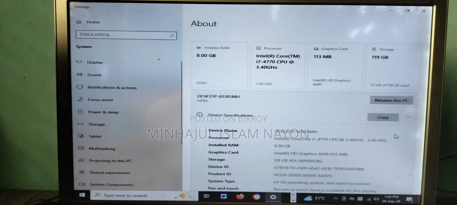 Desktop Computer 8GB Intel Core 7 SSD 128GB