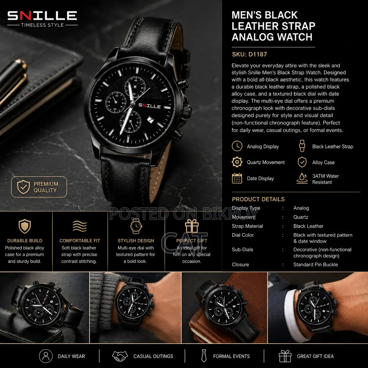 Men's Black Leather Strap Watch – Snille Quartz Analog | SKU D1187