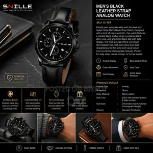 Men's Black Leather Strap Watch – Snille Quartz Analog | SKU D1187