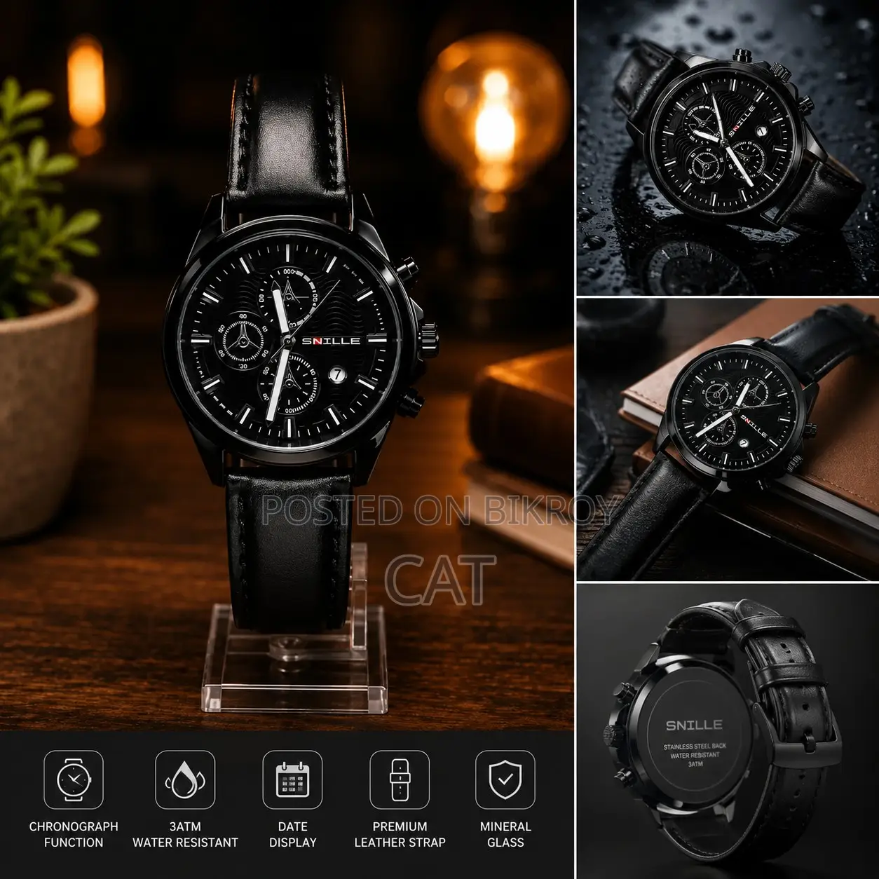 Men's Black Leather Strap Watch – Snille Quartz Analog | SKU D1187