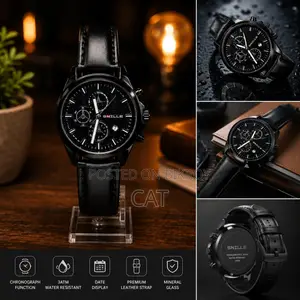 Men's Black Leather Strap Watch – Snille Quartz Analog | SKU D1187