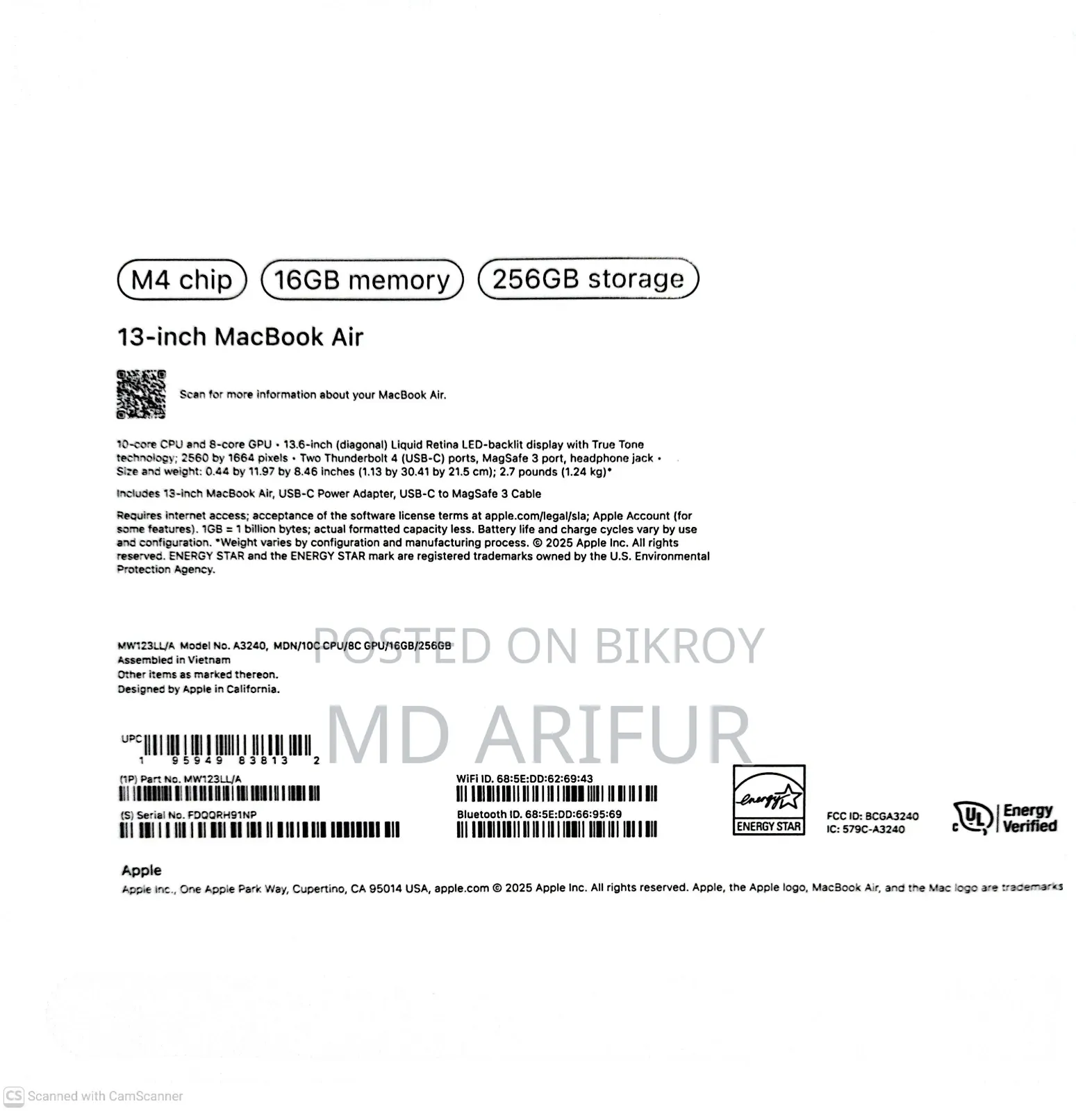 New Laptop Apple MacBook Air 16GB Apple M4 SSD 256GB