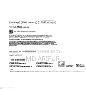 New Laptop Apple MacBook Air 16GB Apple M4 SSD 256GB