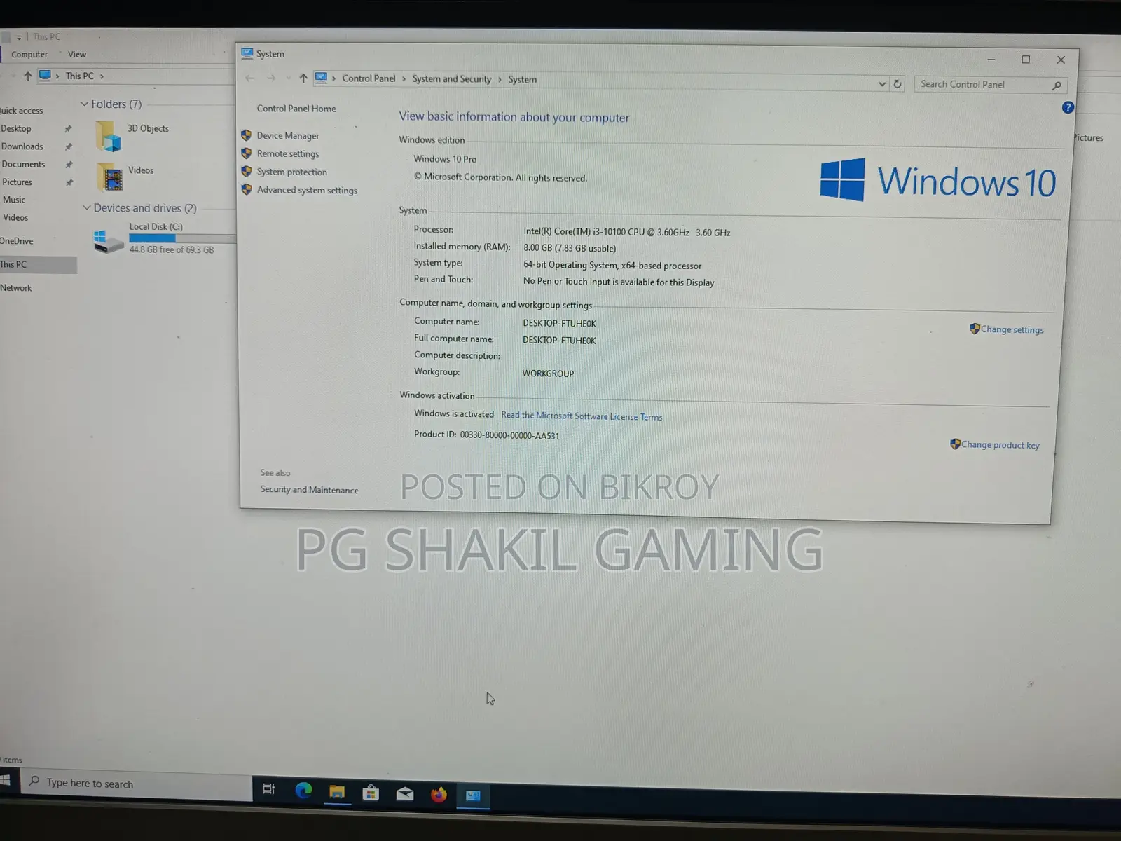 Desktop Computer MSI Model 8GB Intel Core I3 SSD 128GB