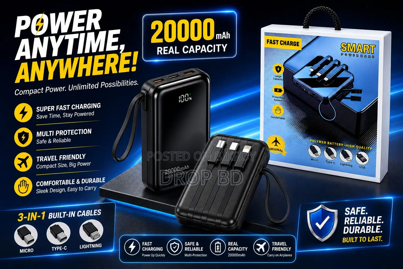 Smart Fast Charge Power Bank (20000mAh,Multi Cable Built-In)SKU: D1009