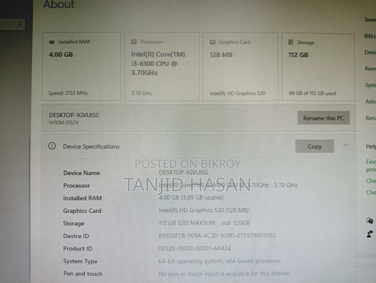 Desktop Computer Gigabyte 4GB Intel Core I3 SSD 128GB