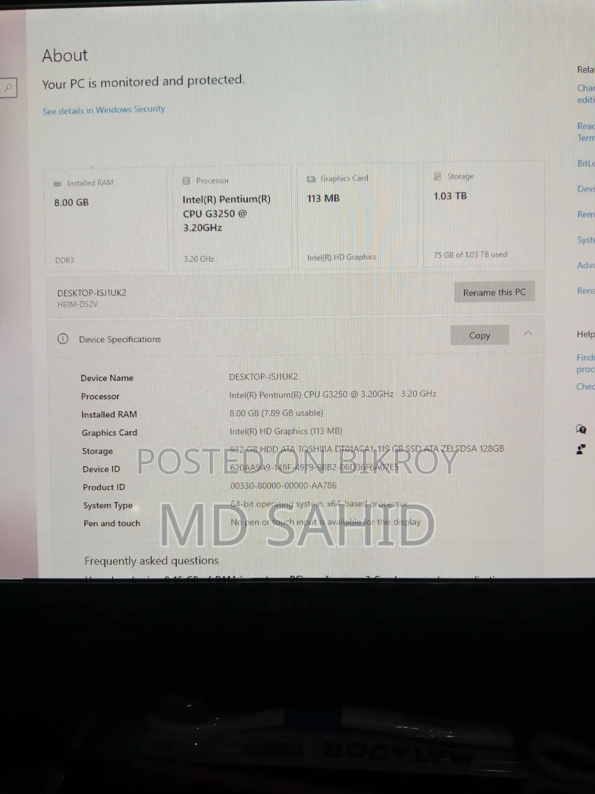 Desktop Computer Gigabyte 8GB Intel Pentium HDD+SSD 1TB