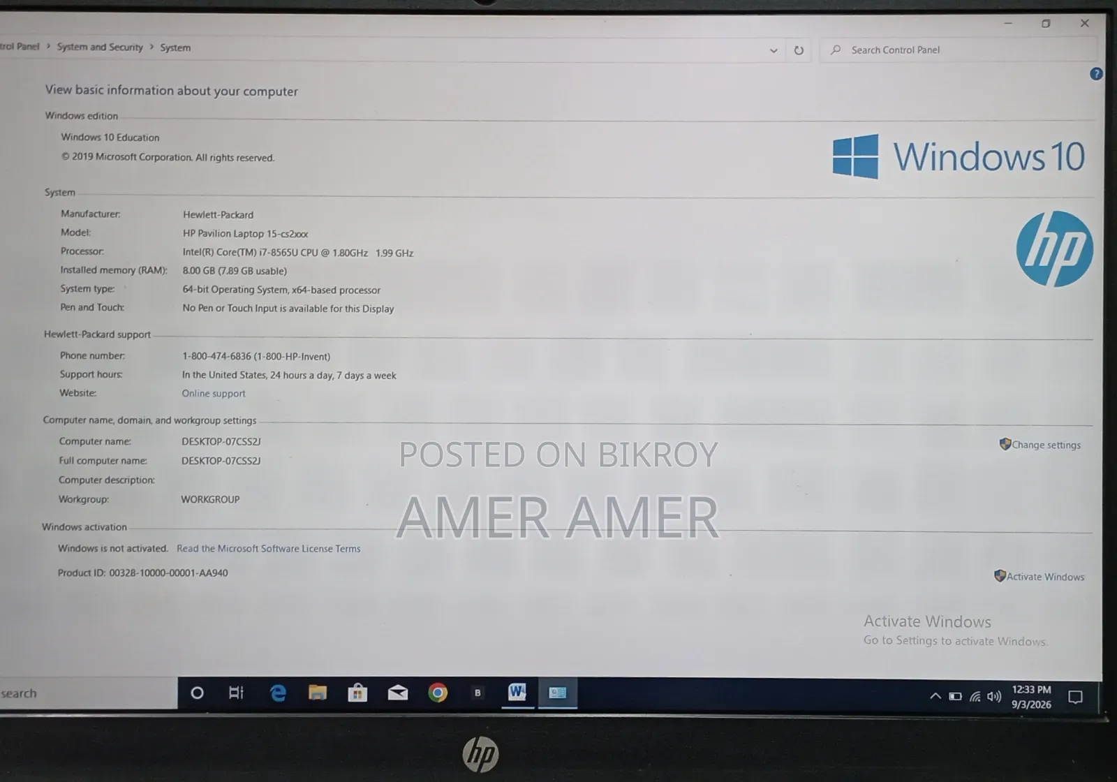 Laptop HP Pavilion 15-Cs3063cl 8GB Intel Core I7 SSD 256GB