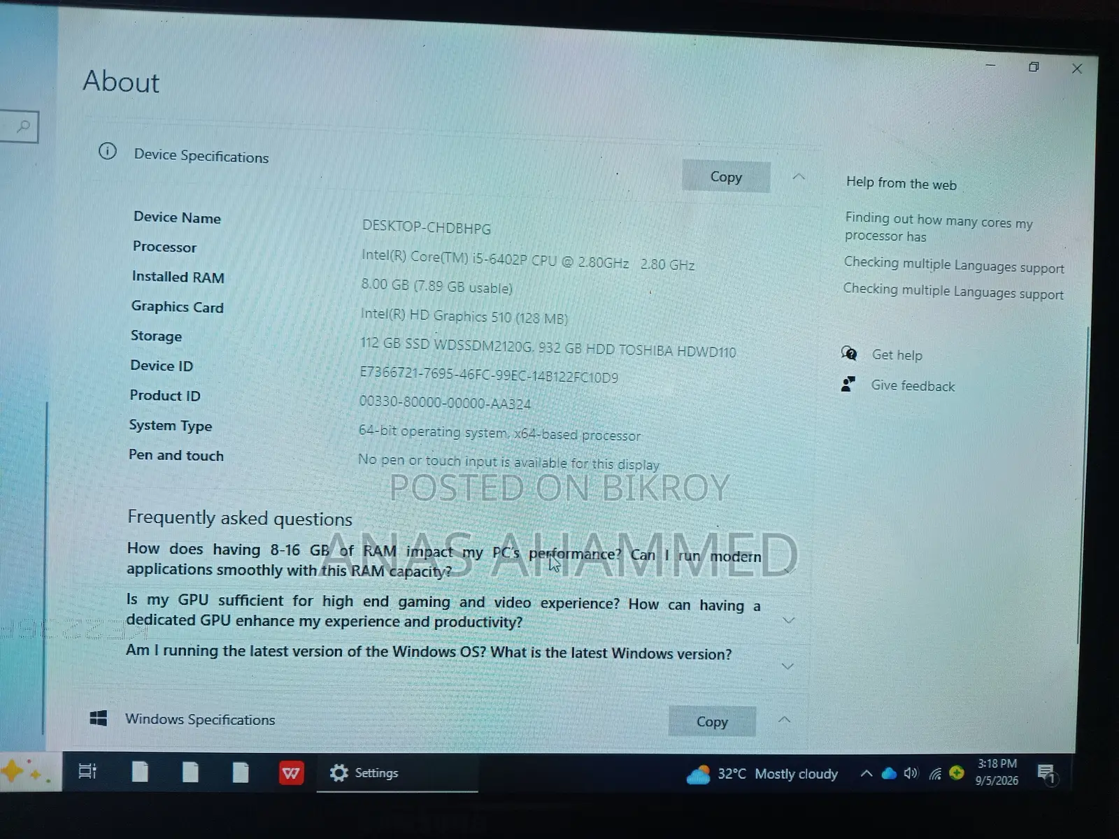 Desktop Computer Dell 8GB Intel Core I5 HDD+SSD 1T