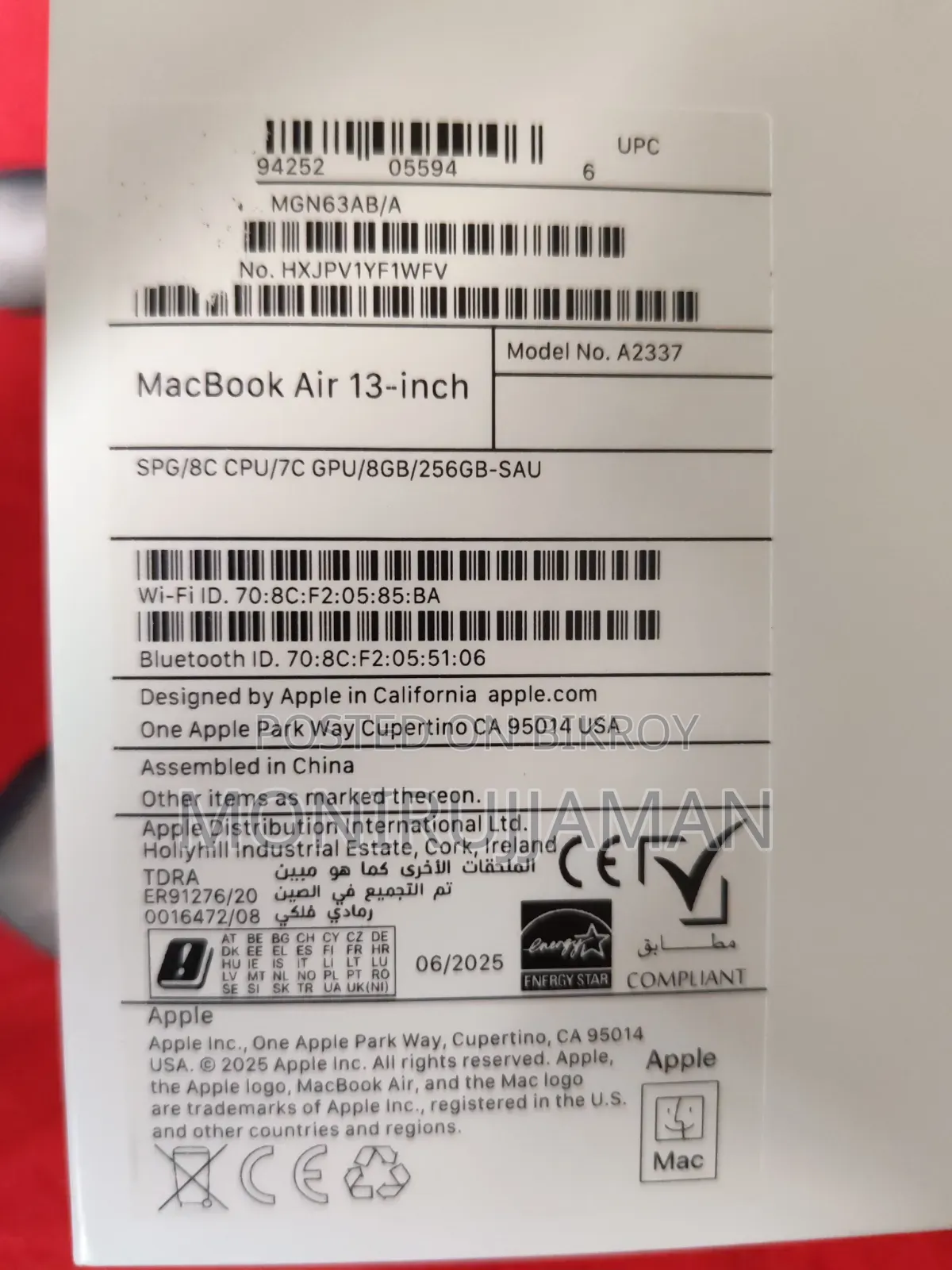New Laptop Apple MacBook Air 2020 M1 8GB Apple M1 SSD 256GB