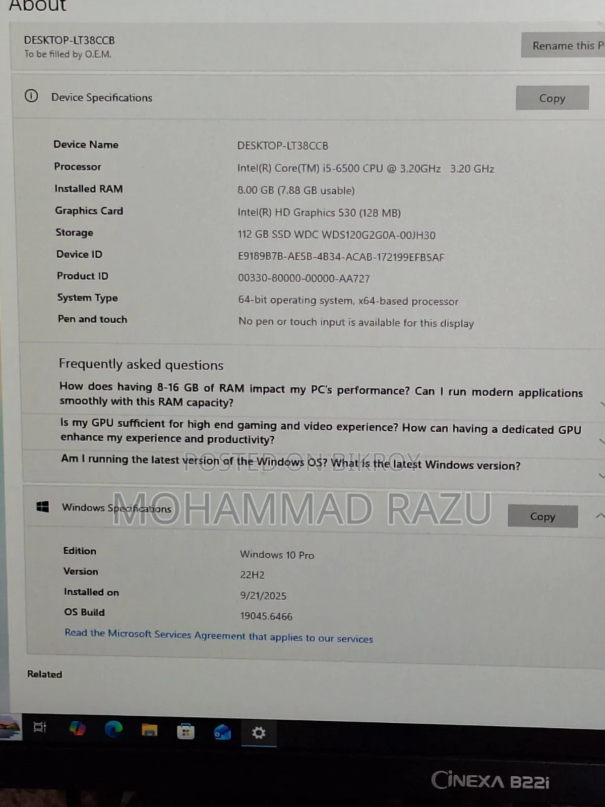 Desktop Computer Samsung 8GB Intel Core I5 HDD 128GB