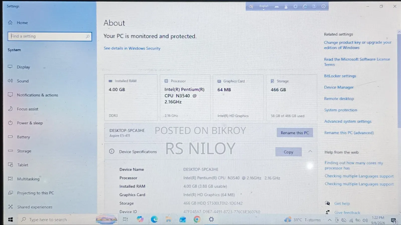 Laptop Acer Aspire E5-411 4GB Intel Pentium HDD 500GB