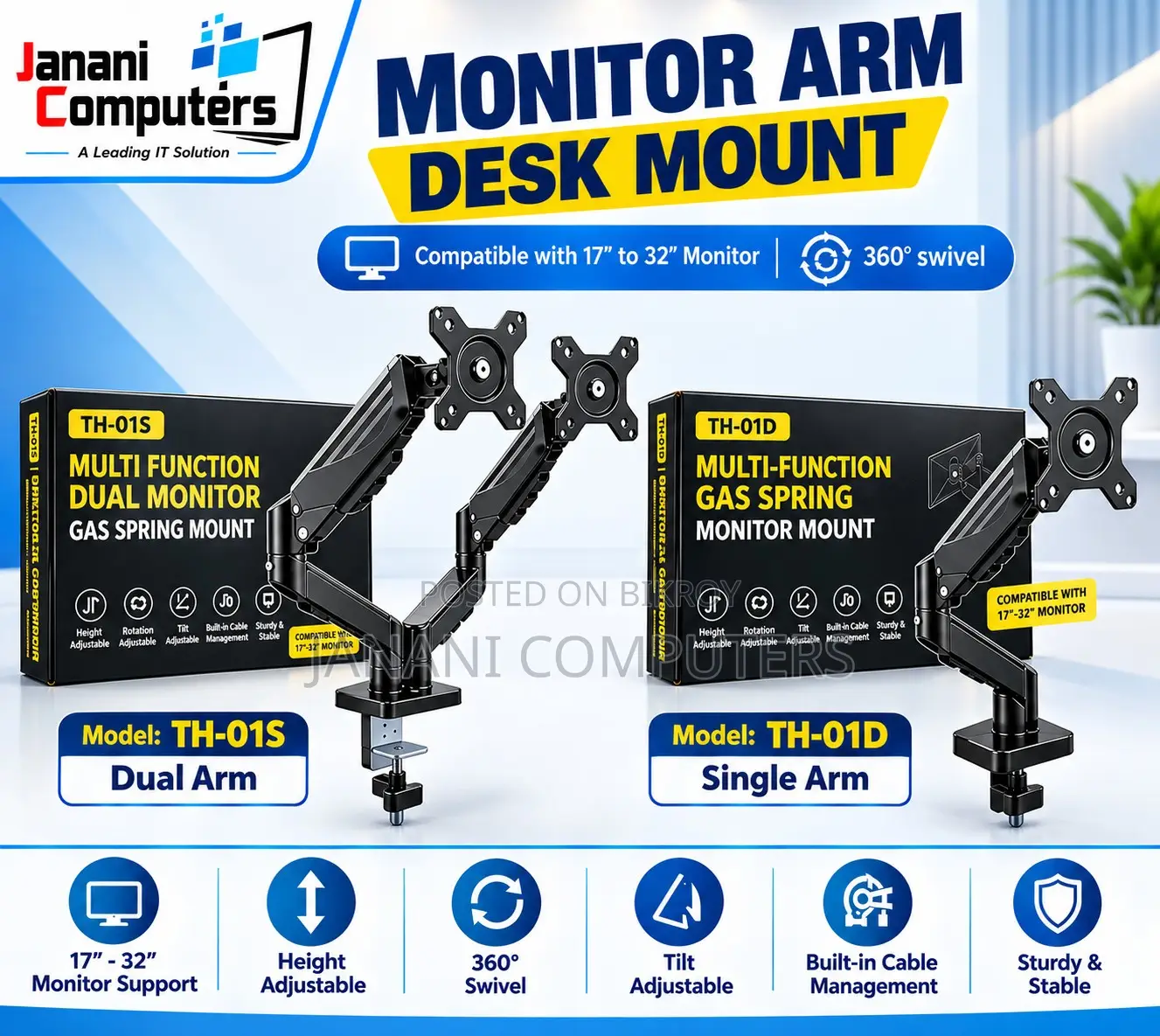 TH-01S/TH-01D Single Dual Arm Desk Monitor Stand