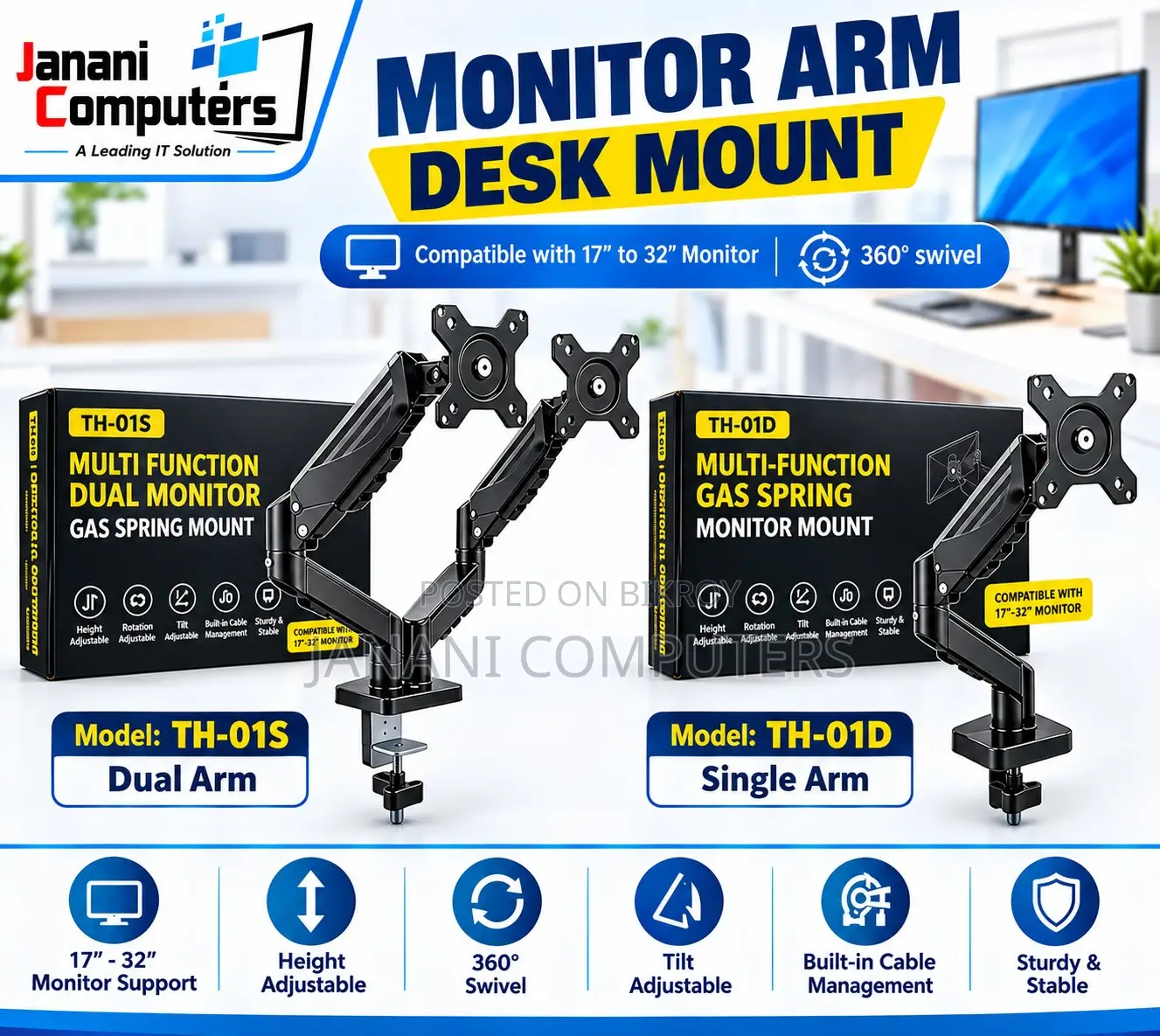 TH-01S/TH-01D Single Dual Arm Desk Monitor Stand