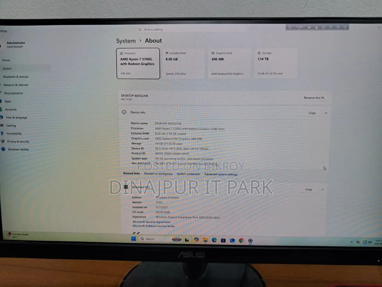 New Desktop Computer ASUS 8GB AMD Ryzen 7 SSD 1T