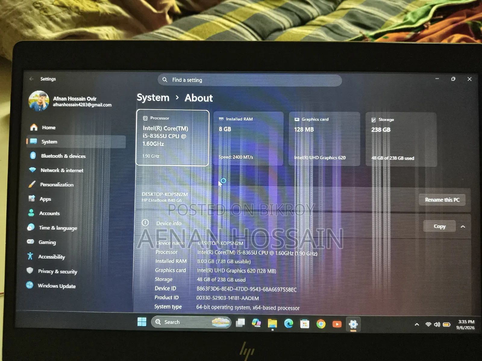 Laptop HP EliteBook 840 G6 8GB Intel Core I5 SSD 256GB