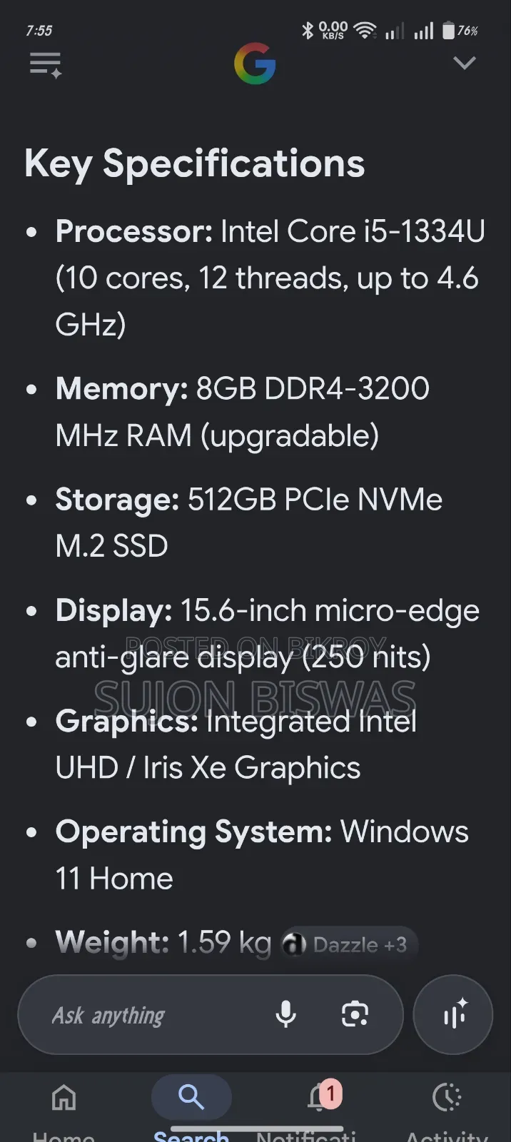 Laptop HP 15 8GB Intel Core I5 HDD+SSD 128GB