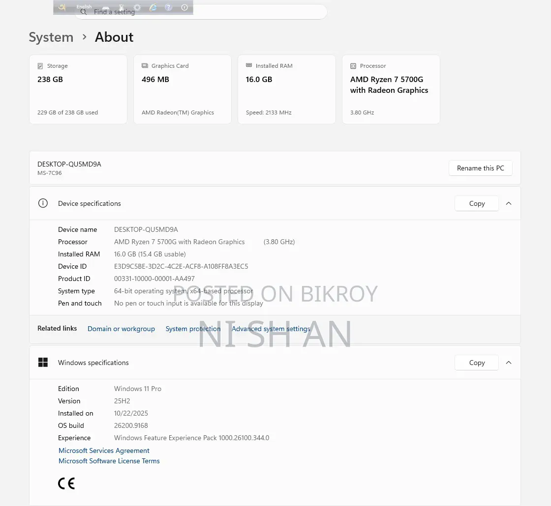 Desktop Computer Msi Ag270 2qe 16gb Amd Ryzen 7 SSD 256gb