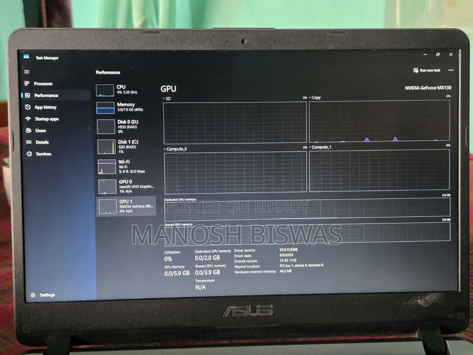 Laptop ASUS Vivobook 15 OLED 8GB Intel Core I5 HDD 1T