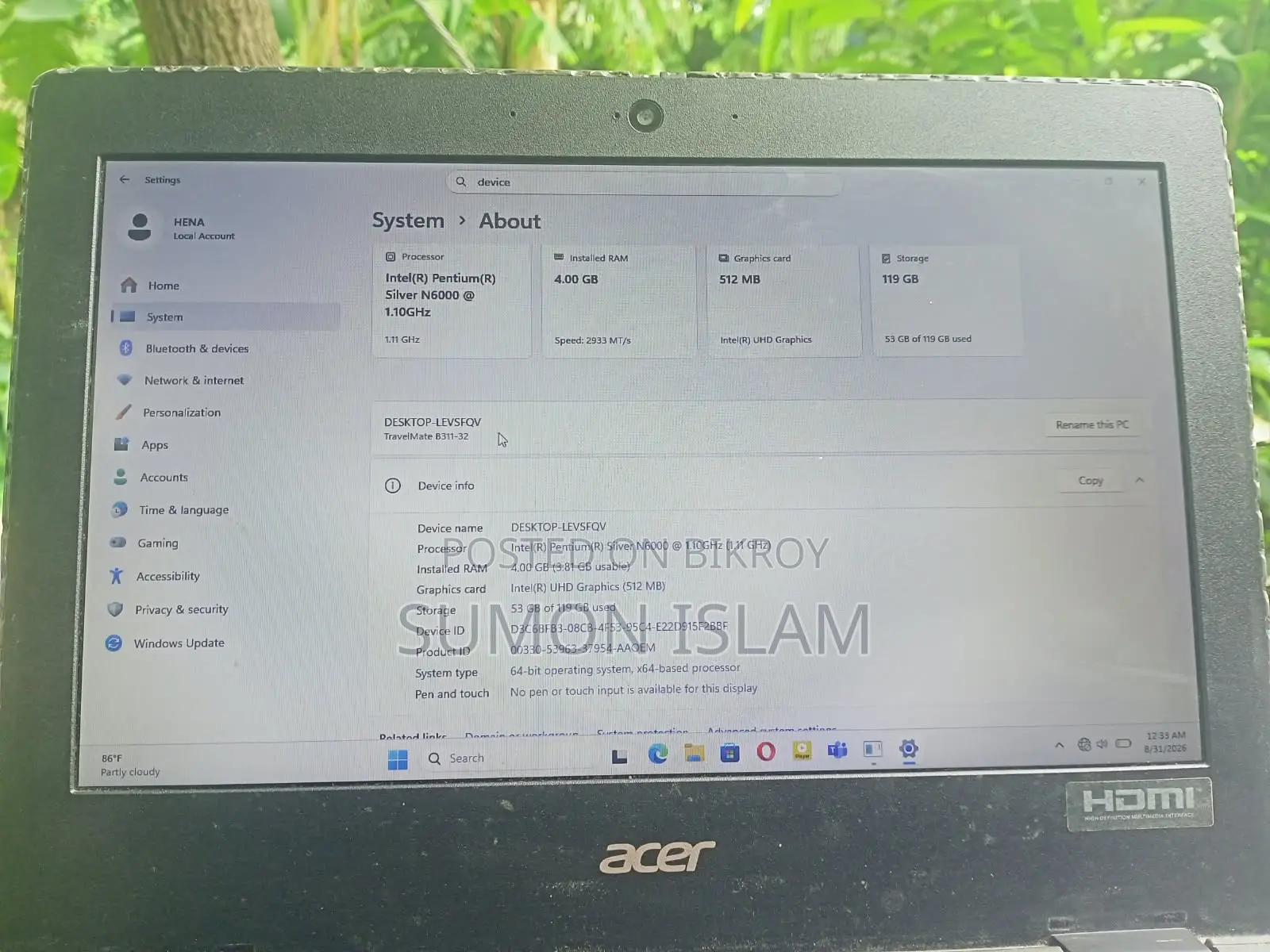 Laptop Acer AcerNote 4GB Intel Core I5 SSD 128GB