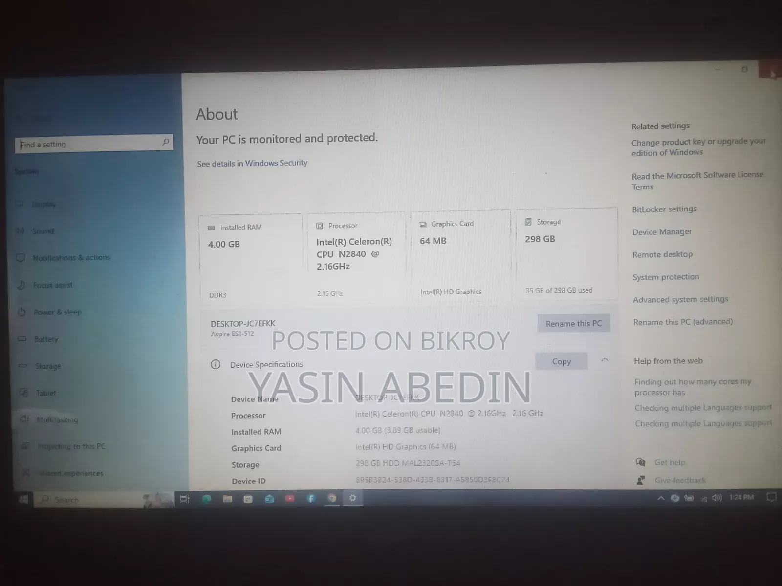 Laptop Acer Aspire 1 A114-31 4GB Intel Celeron HDD 256GB